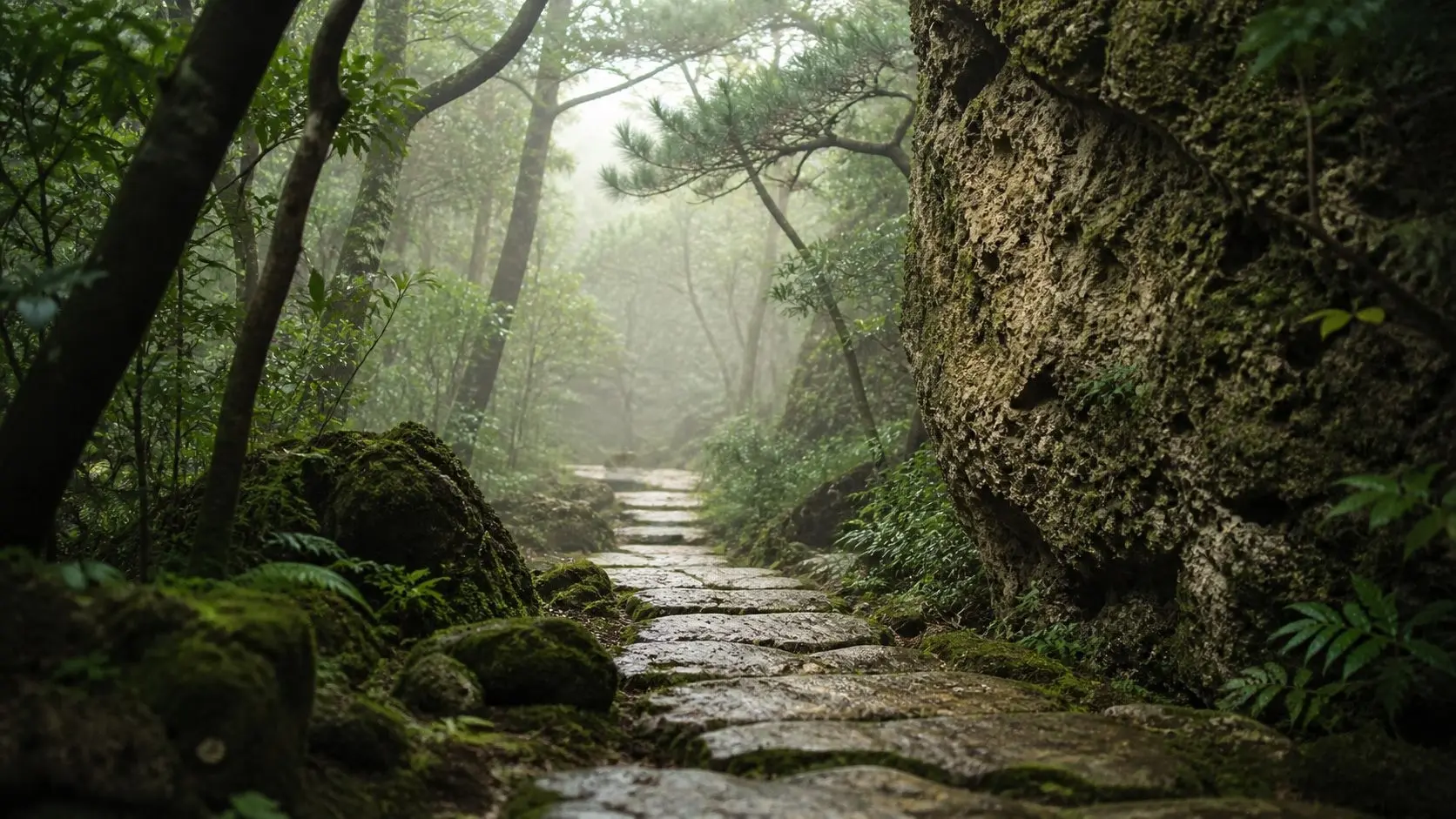 朝霧に包まれた斎場御嶽の参道
